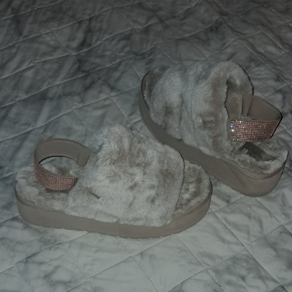 BOBS from Skechers Cream and Tan Cozy Slippers